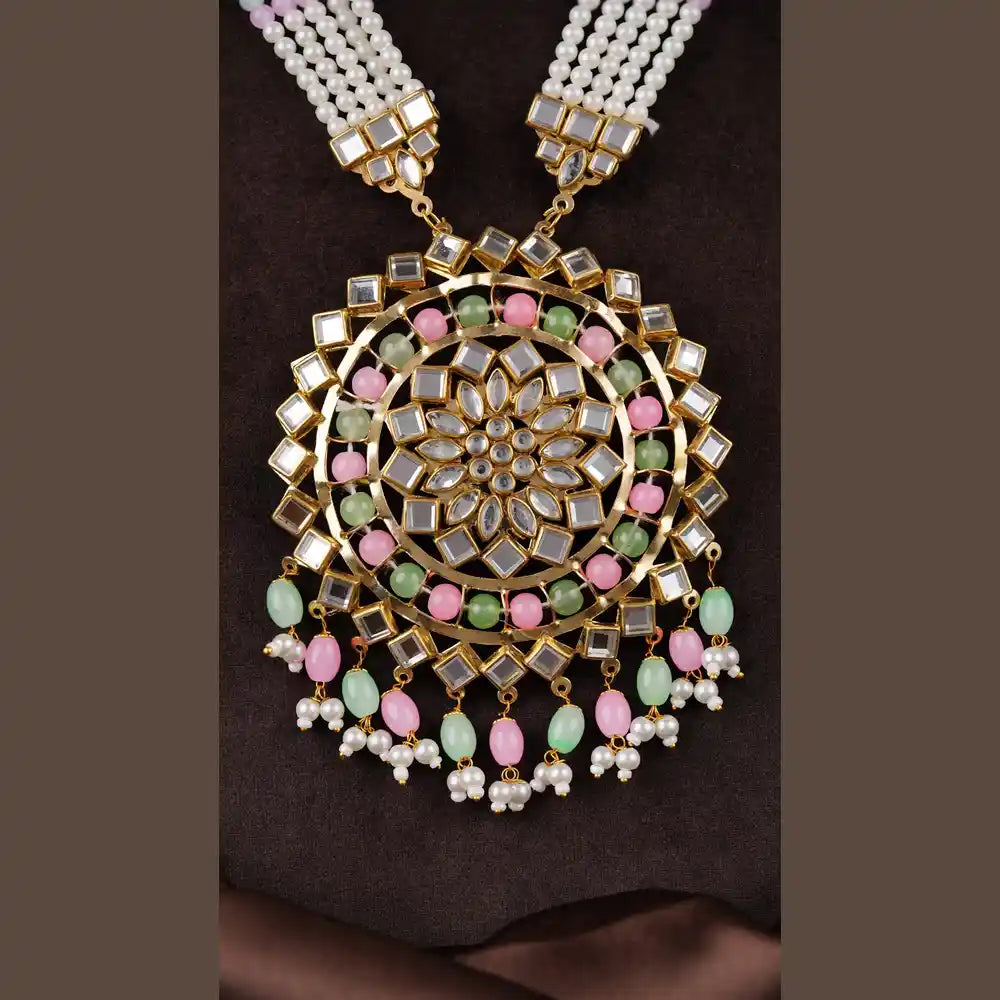 Product image of Royal Kundan Pearl Pastel Beads Bridal Jewellery Set Maang Tikka Earrings Choker Long Haar – image 2