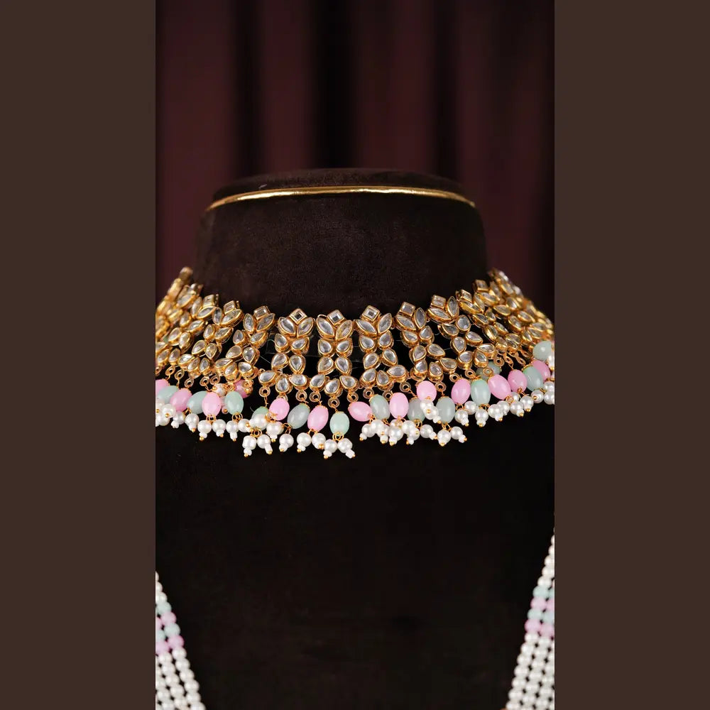 Product image of Royal Kundan Pearl Pastel Beads Bridal Jewellery Set Maang Tikka Earrings Choker Long Haar – image 4
