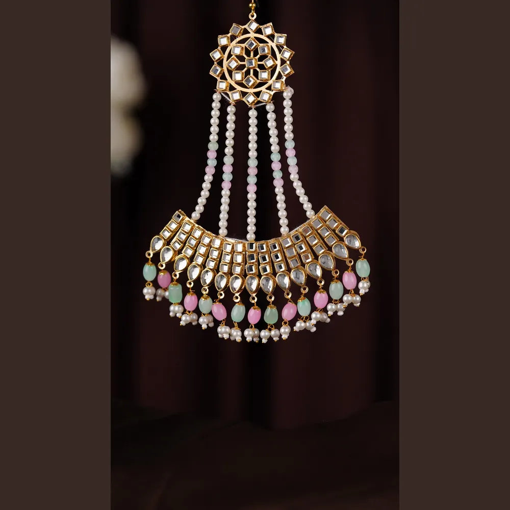 Product image of Royal Kundan Pearl Pastel Beads Bridal Jewellery Set Maang Tikka Earrings Choker Long Haar – image 9