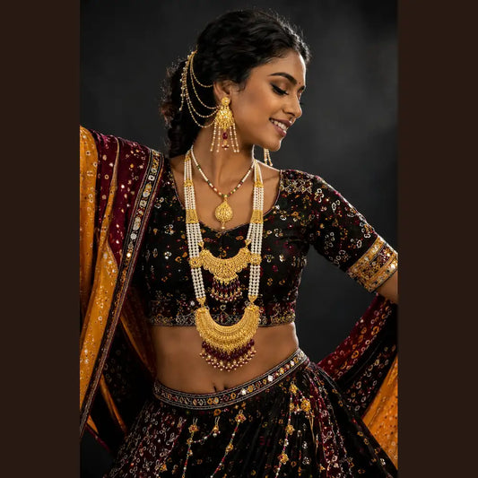 Royal Pearl & Ruby Gold Plated Bridal Combo Jewellery Set with Long Haar, Earrings, Ring & Hair Accessory