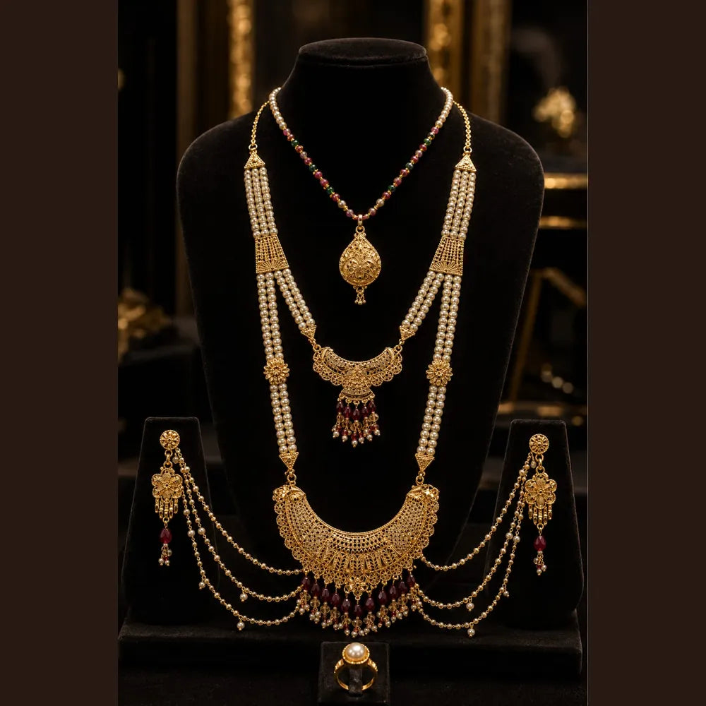 Royal Pearl & Ruby Gold Plated Bridal Combo Jewellery Set with Long Haar, Earrings, Ring & Hair Accessory