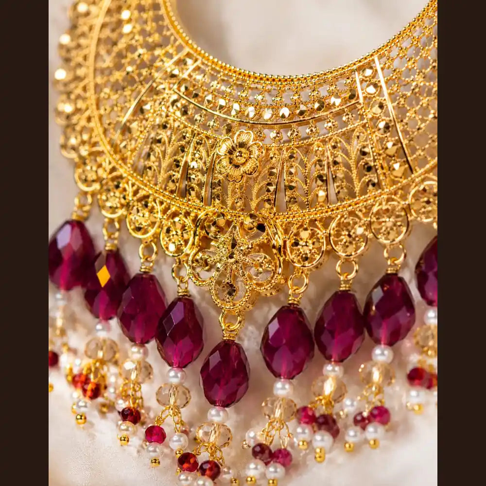 Royal Pearl & Ruby Gold Plated Bridal Combo Jewellery Set with Long Haar, Earrings, Ring & Hair Accessory