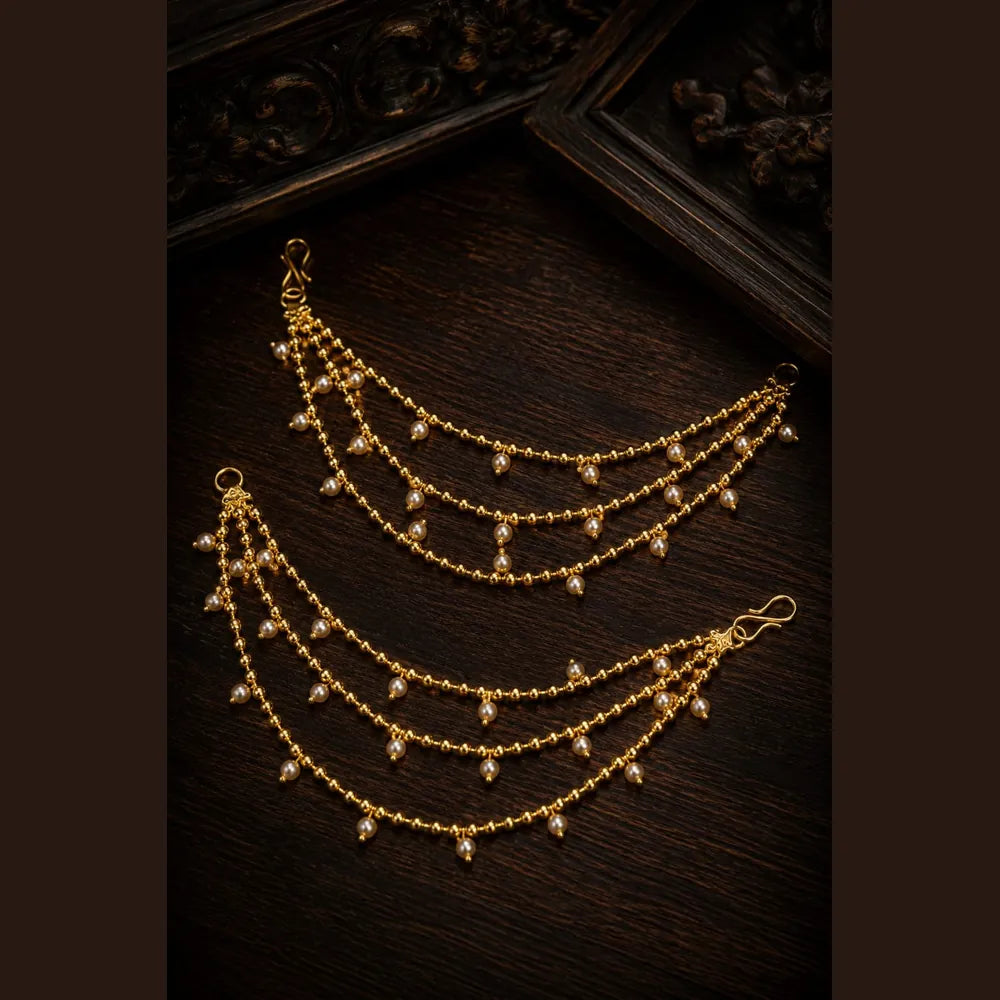 Royal Pearl & Ruby Gold Plated Bridal Combo Jewellery Set with Long Haar, Earrings, Ring & Hair Accessory
