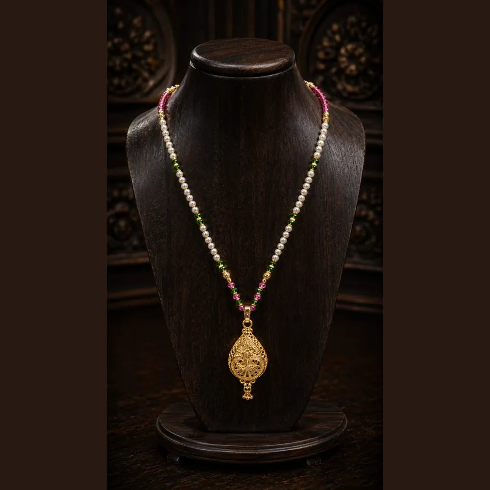Royal Pearl & Ruby Gold Plated Bridal Combo Jewellery Set with Long Haar, Earrings, Ring & Hair Accessory