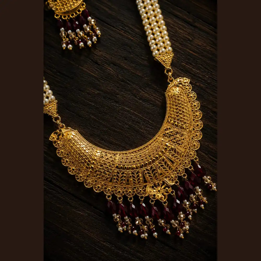 Royal Pearl & Ruby Gold Plated Bridal Combo Jewellery Set with Long Haar, Earrings, Ring & Hair Accessory