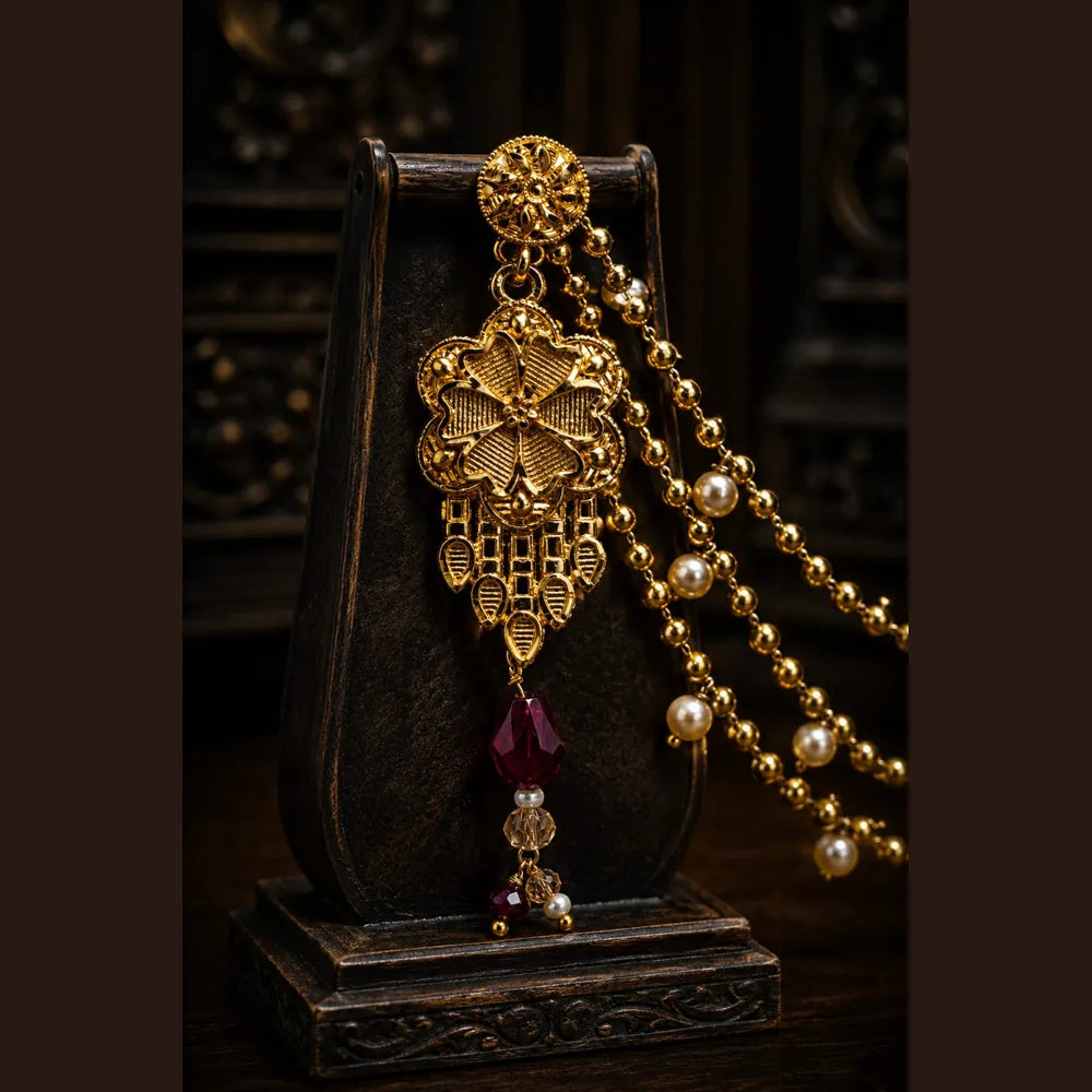 Royal Pearl & Ruby Gold Plated Bridal Combo Jewellery Set with Long Haar, Earrings, Ring & Hair Accessory