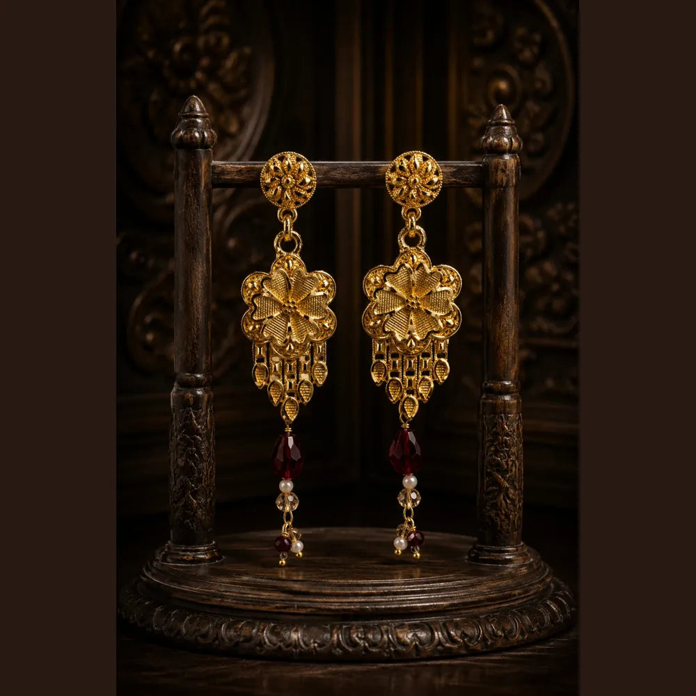 Royal Pearl & Ruby Gold Plated Bridal Combo Jewellery Set with Long Haar, Earrings, Ring & Hair Accessory