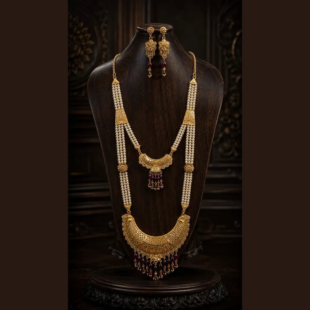 Royal Pearl & Ruby Gold Plated Bridal Combo Jewellery Set with Long Haar, Earrings, Ring & Hair Accessory