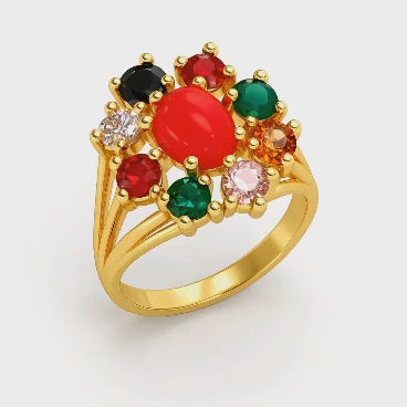 Navratna Gold Plated Statement Ring – Traditional Nine Stone Adjustable Ring