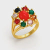 Navratna Gold Plated Statement Ring – Traditional Nine Stone Adjustable Ring