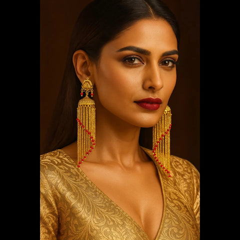 Exclusive Screwback Long Jhumka Earrings with Red Beads – One Gram Gold Plated Premium Design