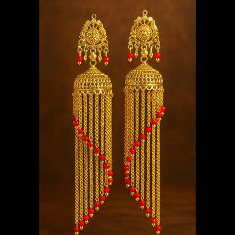 Exclusive Screwback Long Jhumka Earrings with Red Beads – One Gram Gold Plated Premium Design