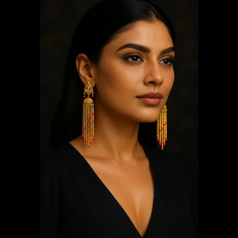 Exclusive Screwback Long Jhumka Earrings with Red Beads – One Gram Gold Plated Premium Design