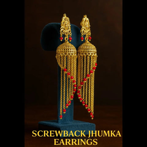 Exclusive Screwback Long Jhumka Earrings with Red Beads – One Gram Gold Plated Premium Design
