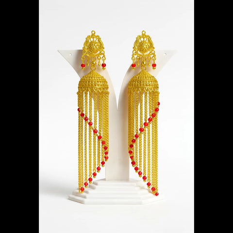 Exclusive Screwback Long Jhumka Earrings with Red Beads – One Gram Gold Plated Premium Design