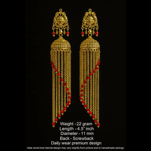 Exclusive Screwback Long Jhumka Earrings with Red Beads – One Gram Gold Plated Premium Design