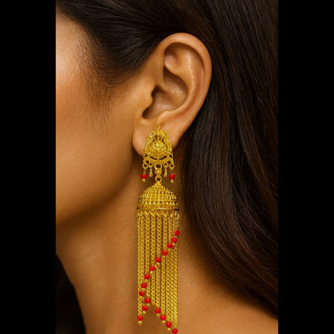 Exclusive Screwback Long Jhumka Earrings with Red Beads – One Gram Gold Plated Premium Design