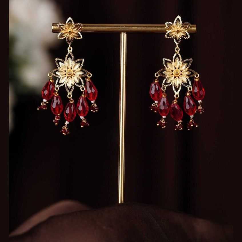 Red Beaded Bridal Necklace Set with Earrings