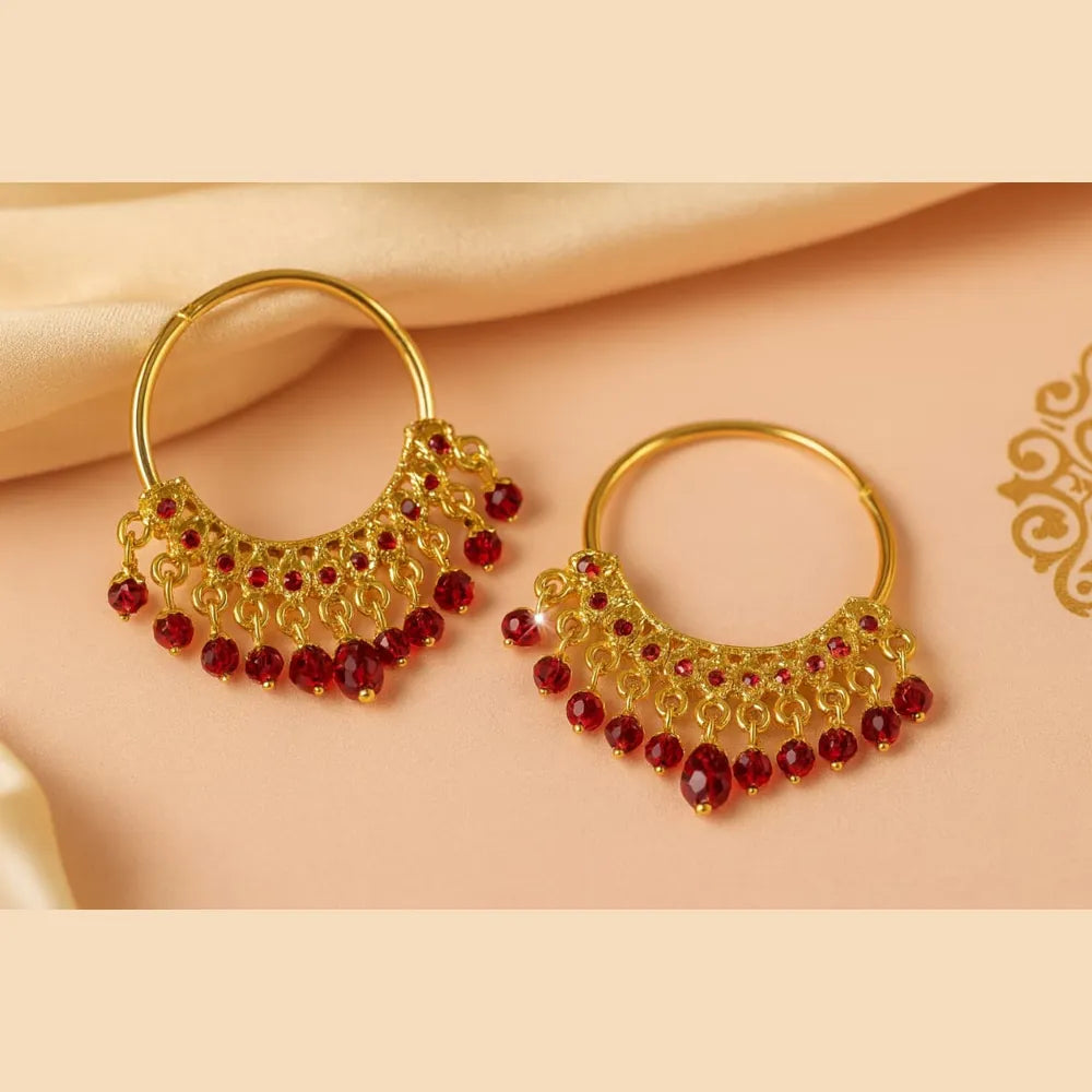 Gold Plated Red Crystal Hoop Earrings – Handmade Brass & Copper