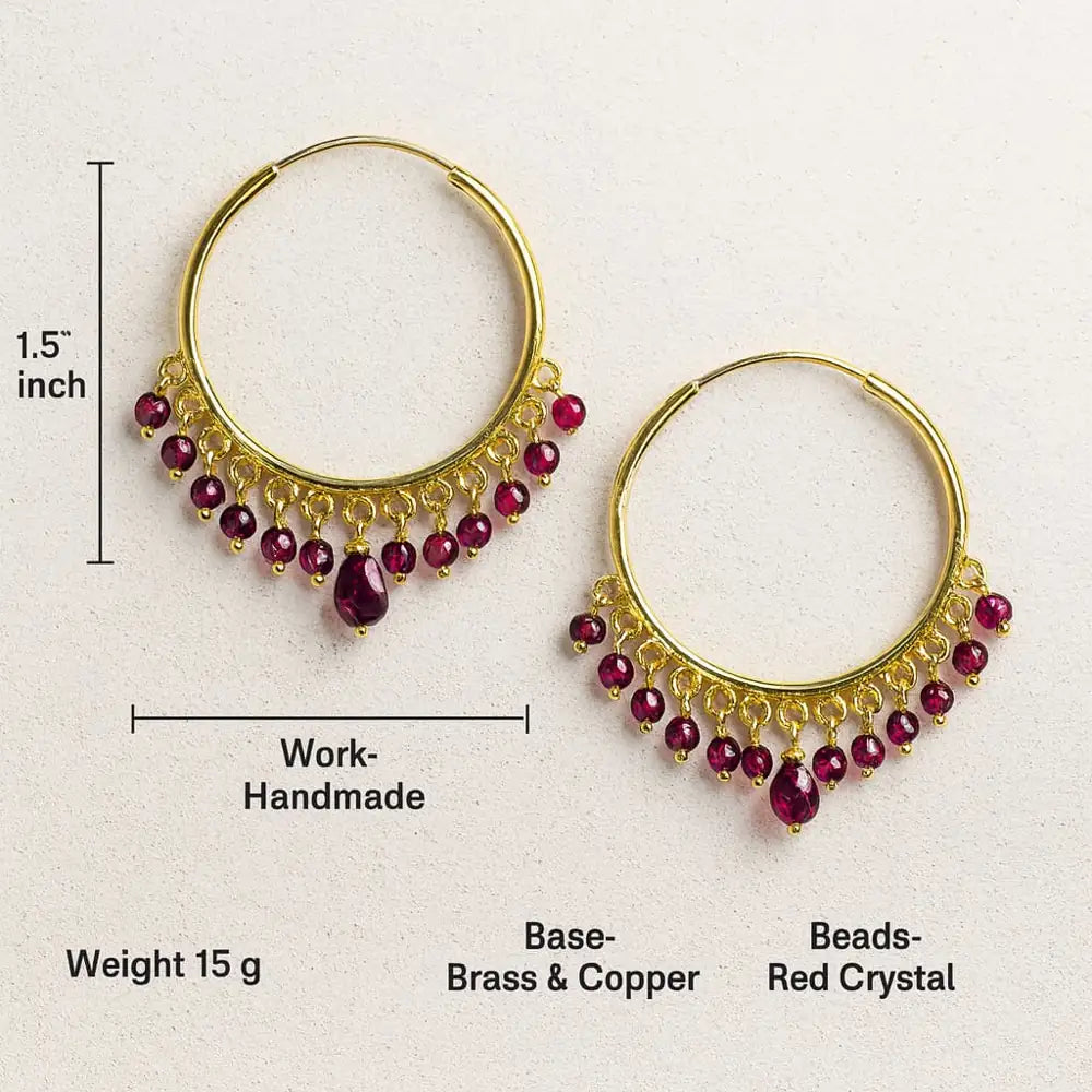 Gold Plated Red Crystal Hoop Earrings – Handmade Brass & Copper