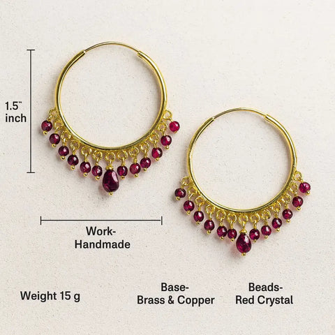 Gold Plated Red Crystal Hoop Earrings – Handmade Brass & Copper