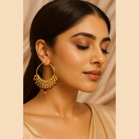 Gold Plated Red Crystal Hoop Earrings – Handmade Brass & Copper
