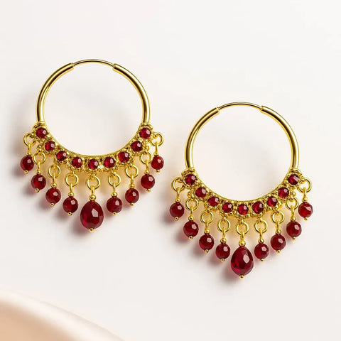 Gold Plated Red Crystal Hoop Earrings – Handmade Brass & Copper