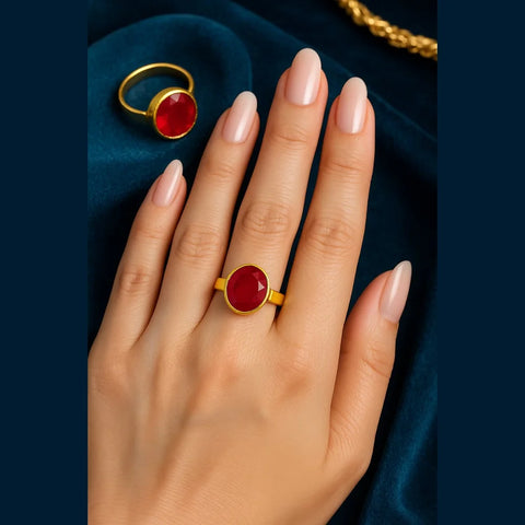 Red Stone  Gold-Plated Ring – Unisex, Elegant & Free Size