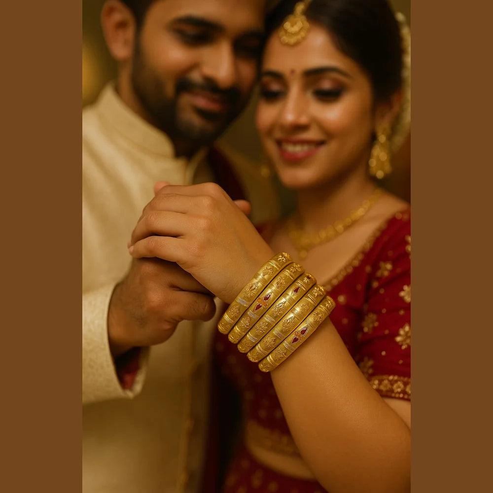 Bridal Onegram Gold Red Stone Engraved Kada/Chudi Set (Premium Handmade)