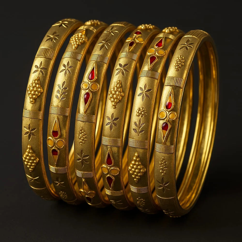 Bridal Onegram Gold Red Stone Engraved Kada/Chudi Set (Premium Handmade)