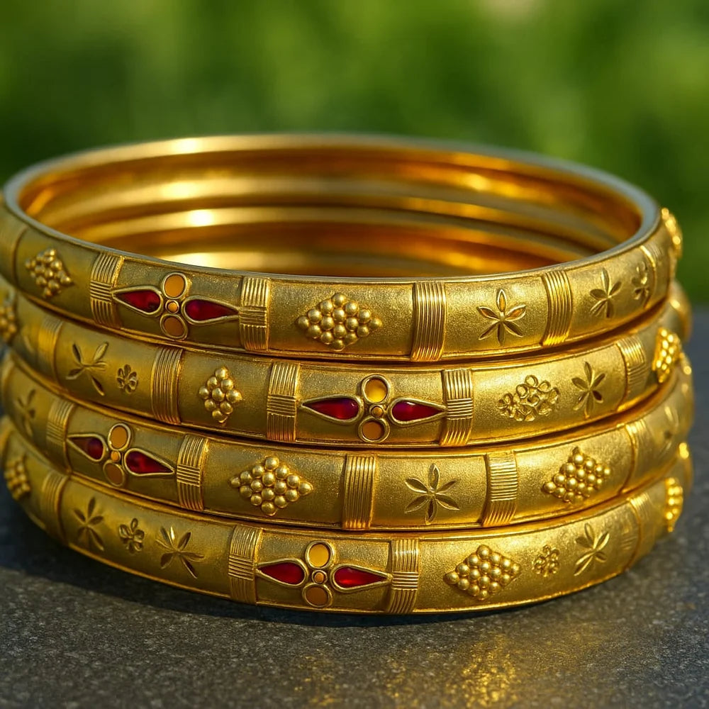 Bridal Onegram Gold Red Stone Engraved Kada/Chudi Set (Premium Handmade)