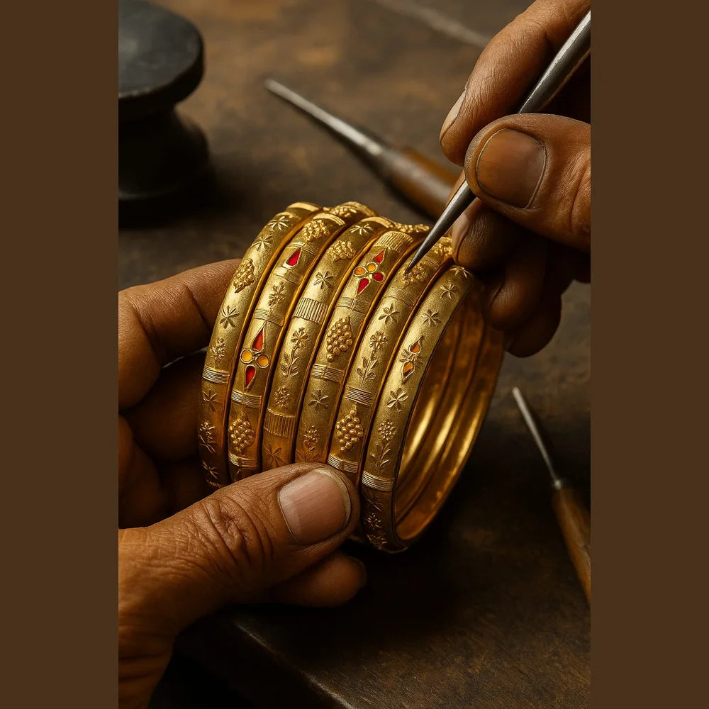 Bridal Onegram Gold Red Stone Engraved Kada/Chudi Set (Premium Handmade)