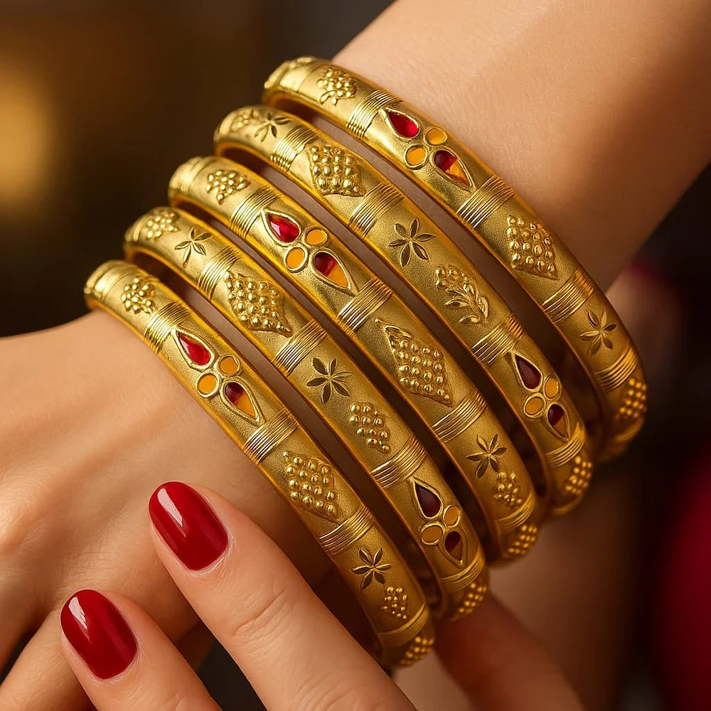 Bridal Onegram Gold Red Stone Engraved Kada/Chudi Set (Premium Handmade)