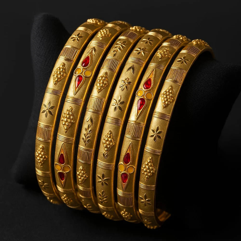 Bridal Onegram Gold Red Stone Engraved Kada/Chudi Set (Premium Handmade)