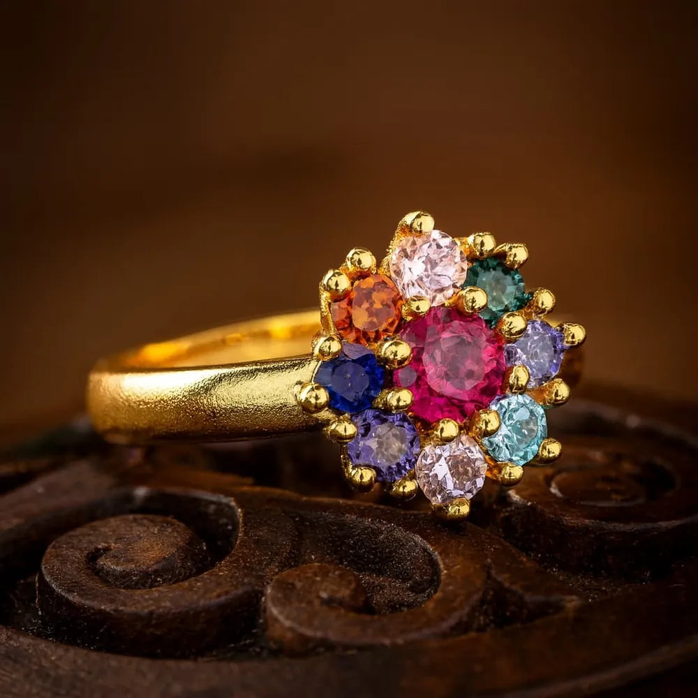 One Gram Gold Multicolour Navratna Stone Ring – Free Size (Royal Finish)
