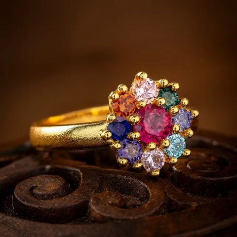 One Gram Gold Multicolour Navratna Stone Ring – Free Size (Royal Finish)