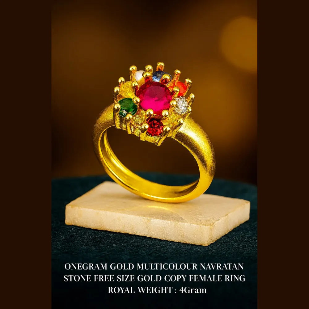 One Gram Gold Multicolour Navratna Stone Ring – Free Size (Royal Finish)