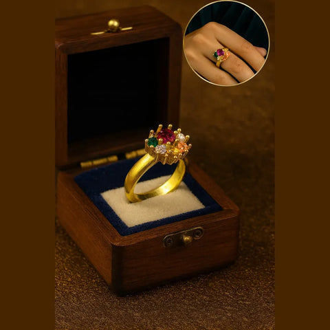 One Gram Gold Multicolour Navratna Stone Ring – Free Size (Royal Finish)