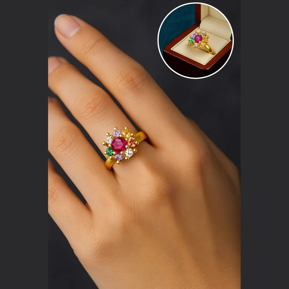 One Gram Gold Multicolour Navratna Stone Ring – Free Size (Royal Finish)