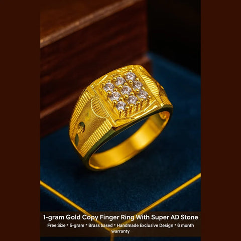 Gold-Plated Adjustable Men's Finger Ring with AD Stones – 5 Gram Free Size