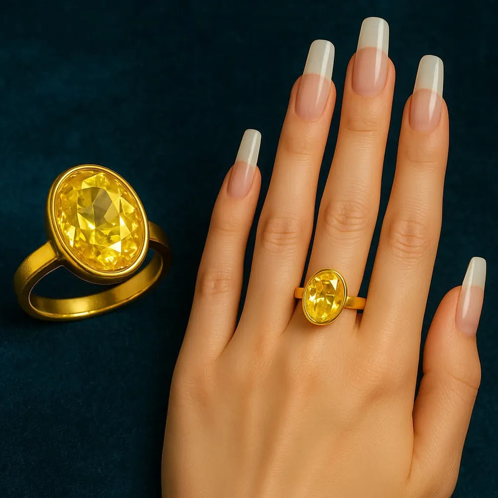 Bold Yellow Oval Stone Adjustable Gold Plated Ring – Unisex, Real Gold Look