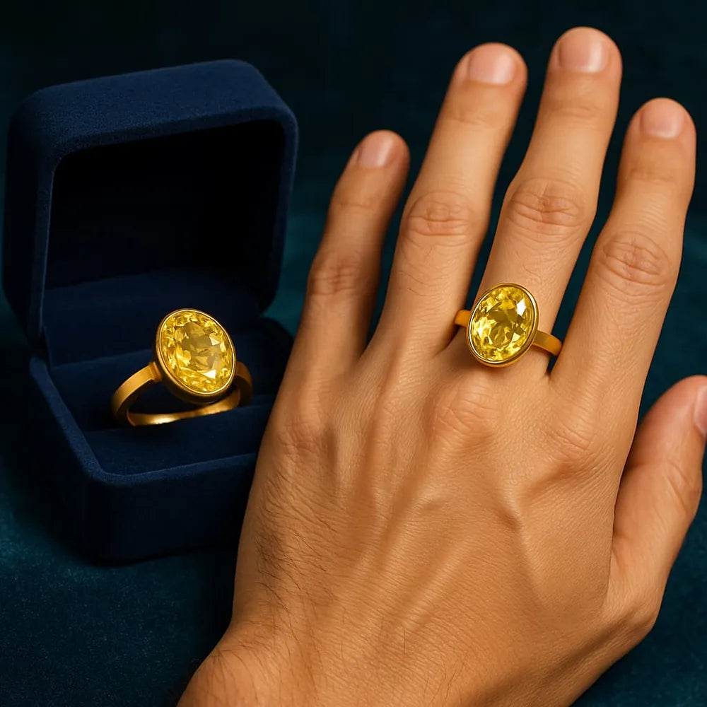 Bold Yellow Oval Stone Adjustable Gold Plated Ring – Unisex, Real Gold Look
