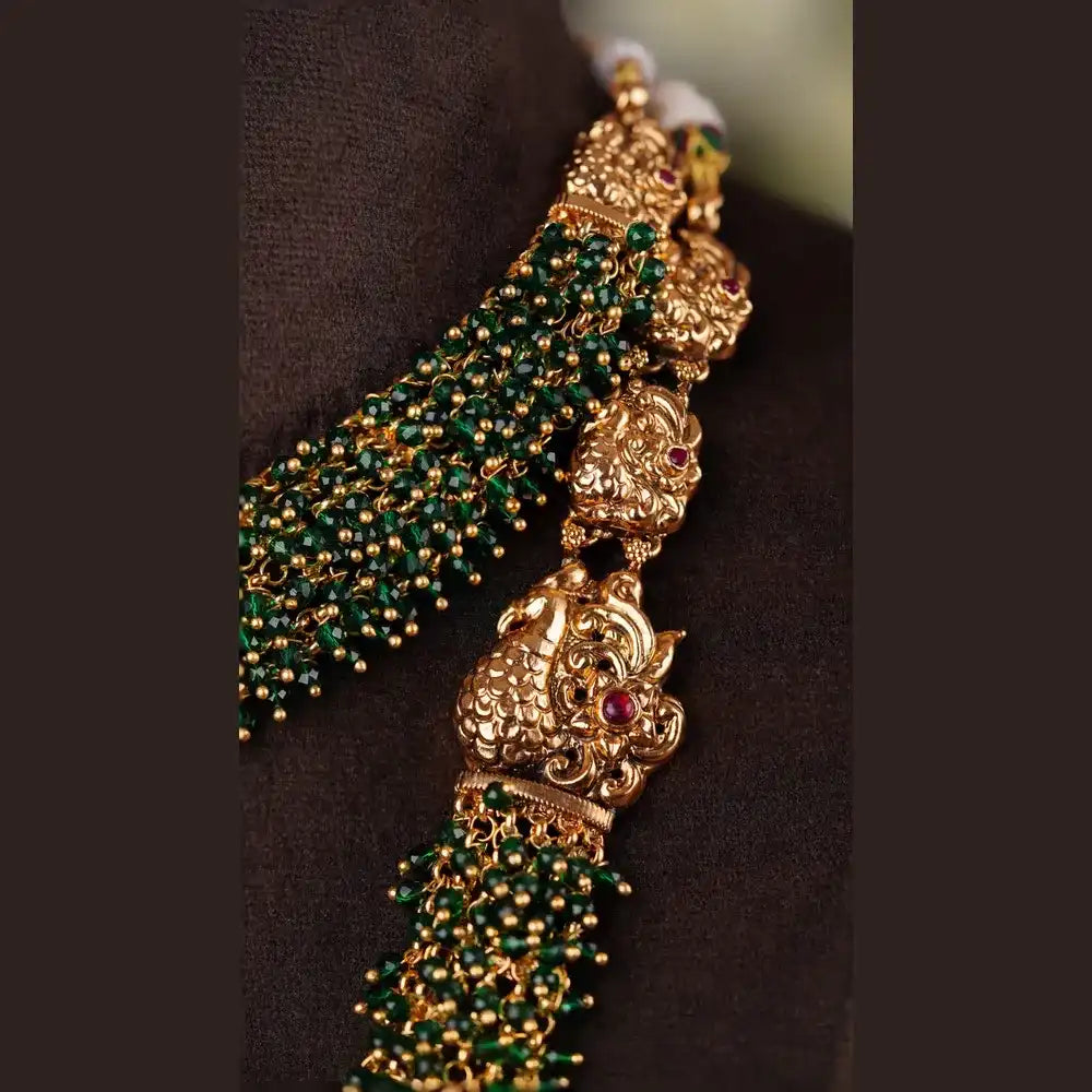 Green Beaded Layered Necklace Set | Antique Gold Finish