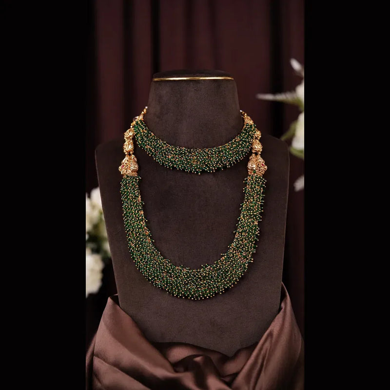 Green Beaded Layered Necklace Set | Antique Gold Finish