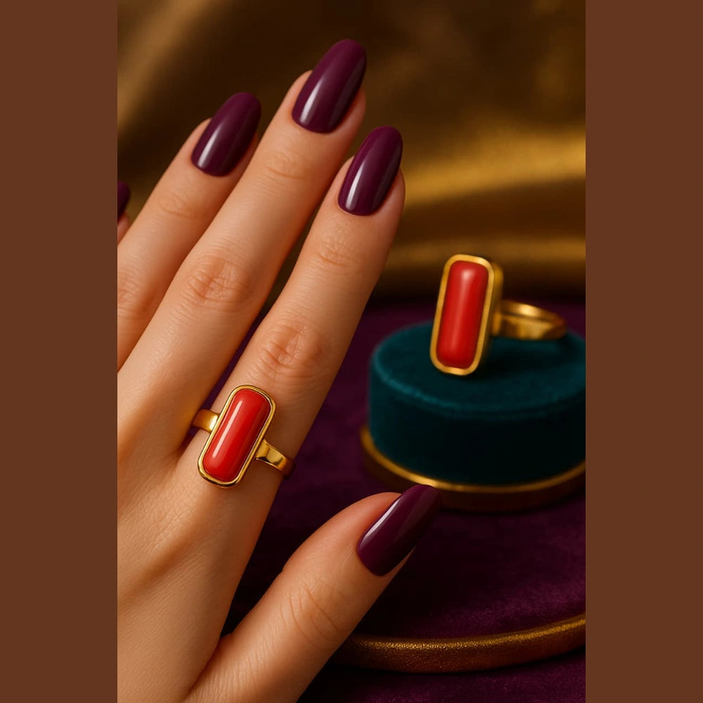 Bold Red Coral Unisex Ring – Adjustable, Gold Plated, Rubber Spring Fit