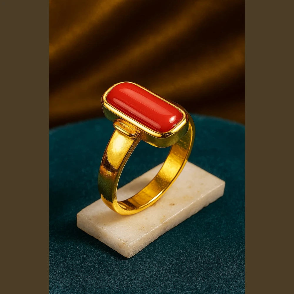 Product image of Bold Red Coral Unisex Ring – Adjustable, Gold Plated, Rubber Spring Fit – image 1