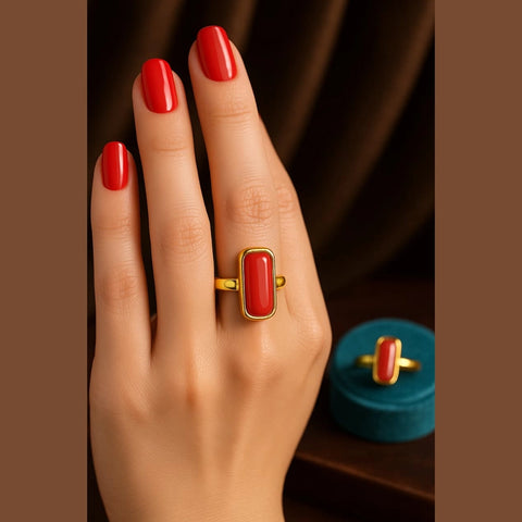 Bold Red Coral Unisex Ring – Adjustable, Gold Plated, Rubber Spring Fit