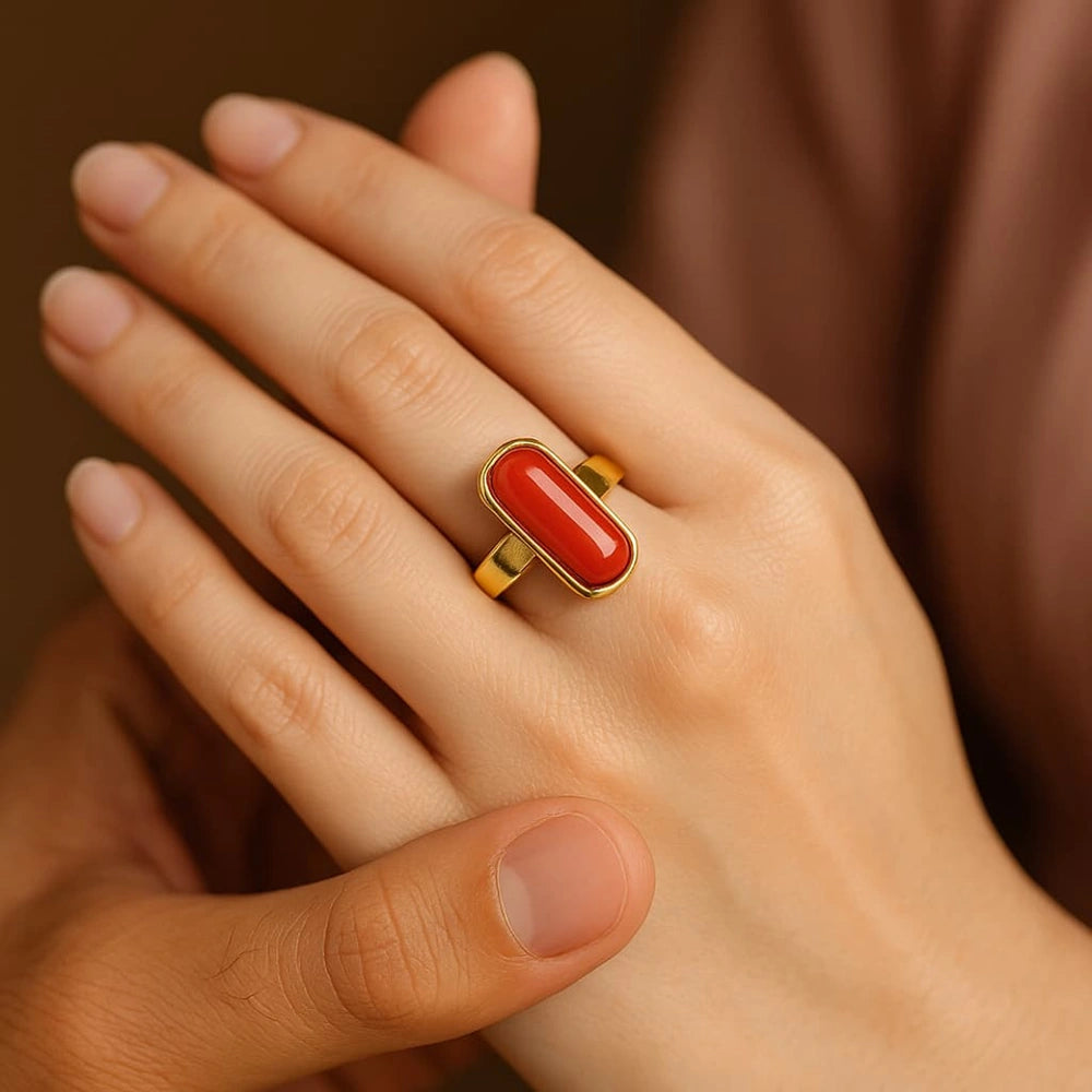 Bold Red Coral Unisex Ring – Adjustable, Gold Plated, Rubber Spring Fit