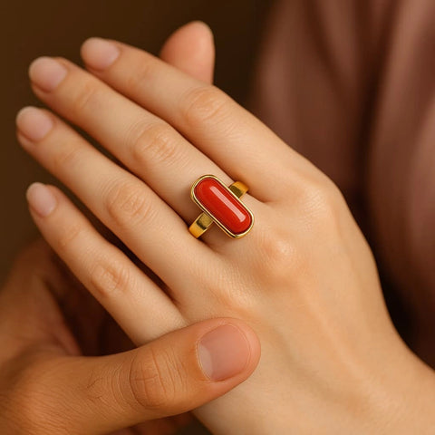 Bold Red Coral Unisex Ring – Adjustable, Gold Plated, Rubber Spring Fit