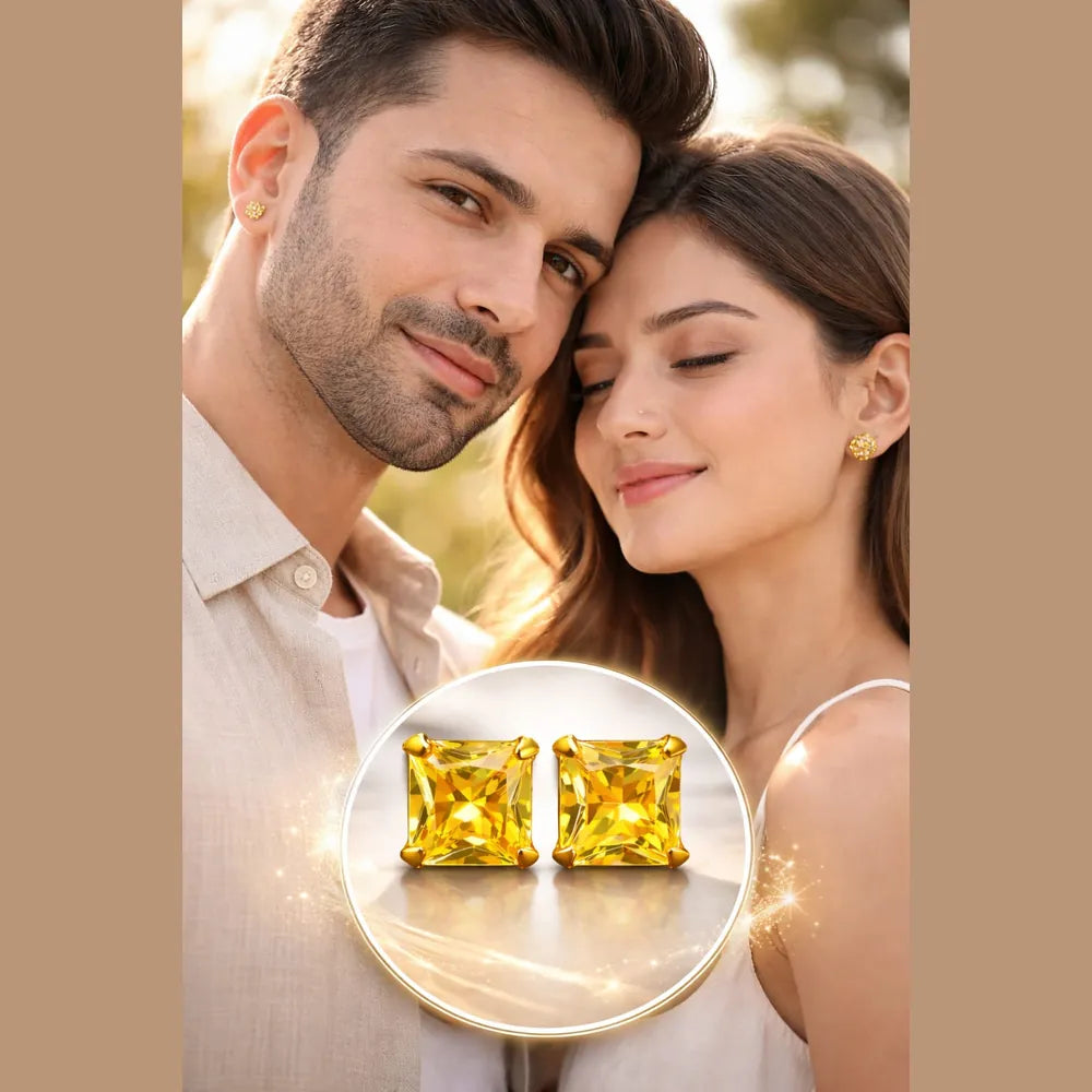 ZHome Yellow Crystal Square Stud for Women & Girls | Gold Plated Premium Daily Wear Earring